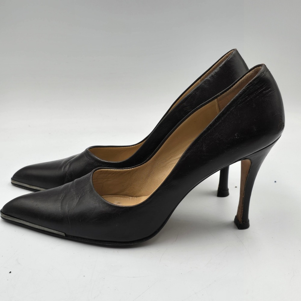 David Aaron Pumps Womens 7M Pointed Metal Toe Black Leather Stiletto Spain Dress